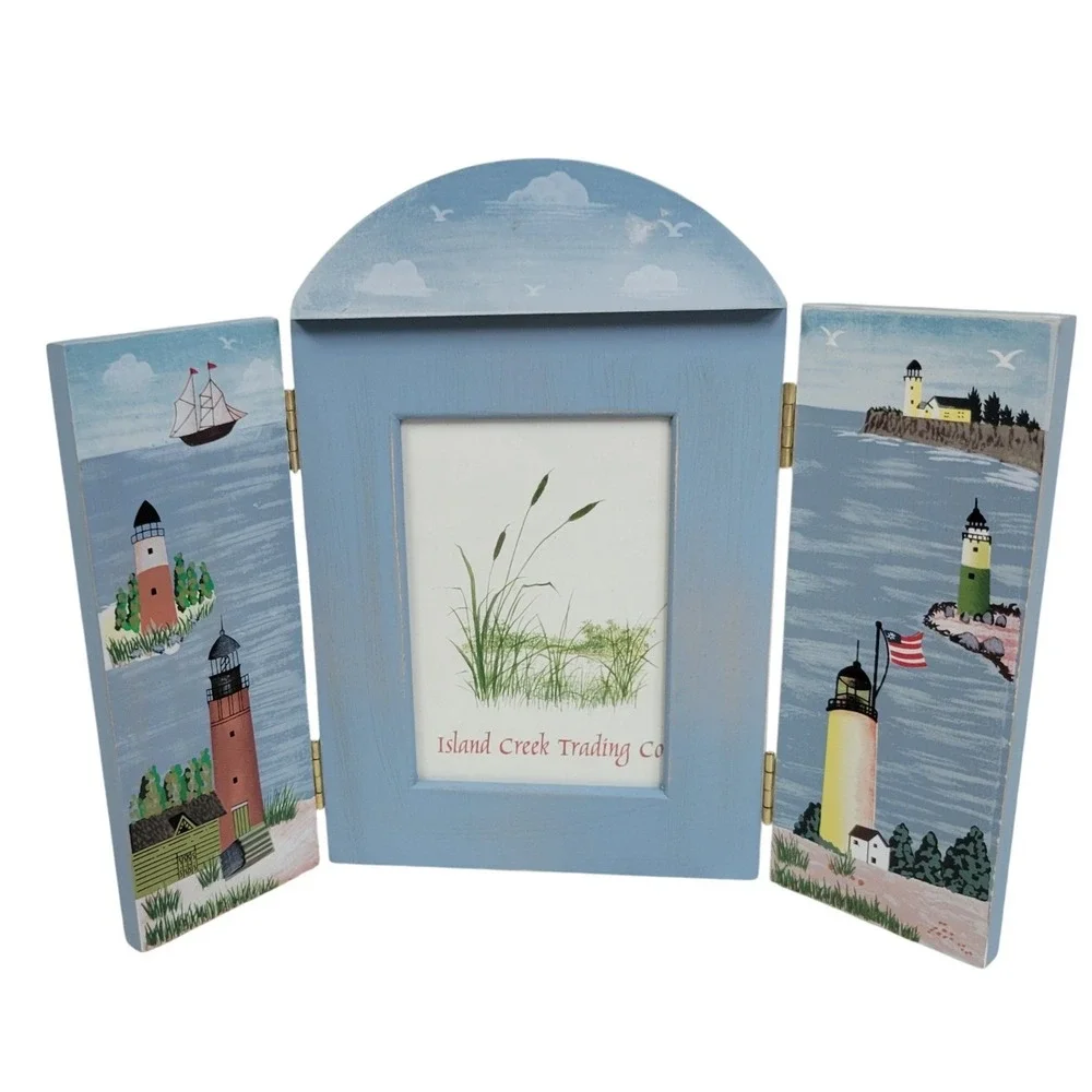 Vintage Lighthouse Folding Picture Photo Frame Blue
